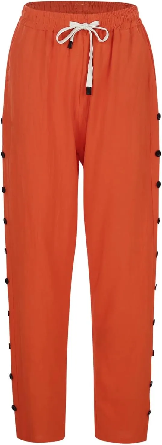 Striped Linen Pants Women Casual Summer Elastic Waist Trendy Slacks Straight Leg Lightweight Trousers with Pockets