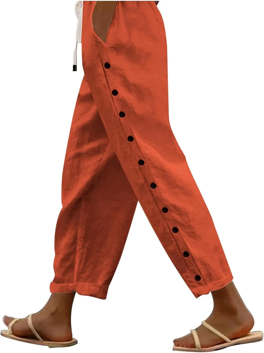 Striped Linen Pants Women Casual Summer Elastic Waist Trendy Slacks Straight Leg Lightweight Trousers with Pockets