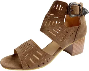 SuanlaTDS Womens Stacked Heel Wedge Sandals Buckle Strap Zipper Open Toe Hollow Out Beach Sandals Gladiator Block Heeled Sandals Retro Roman Shoes Summer Dressy Sandals(Brown,7.5)