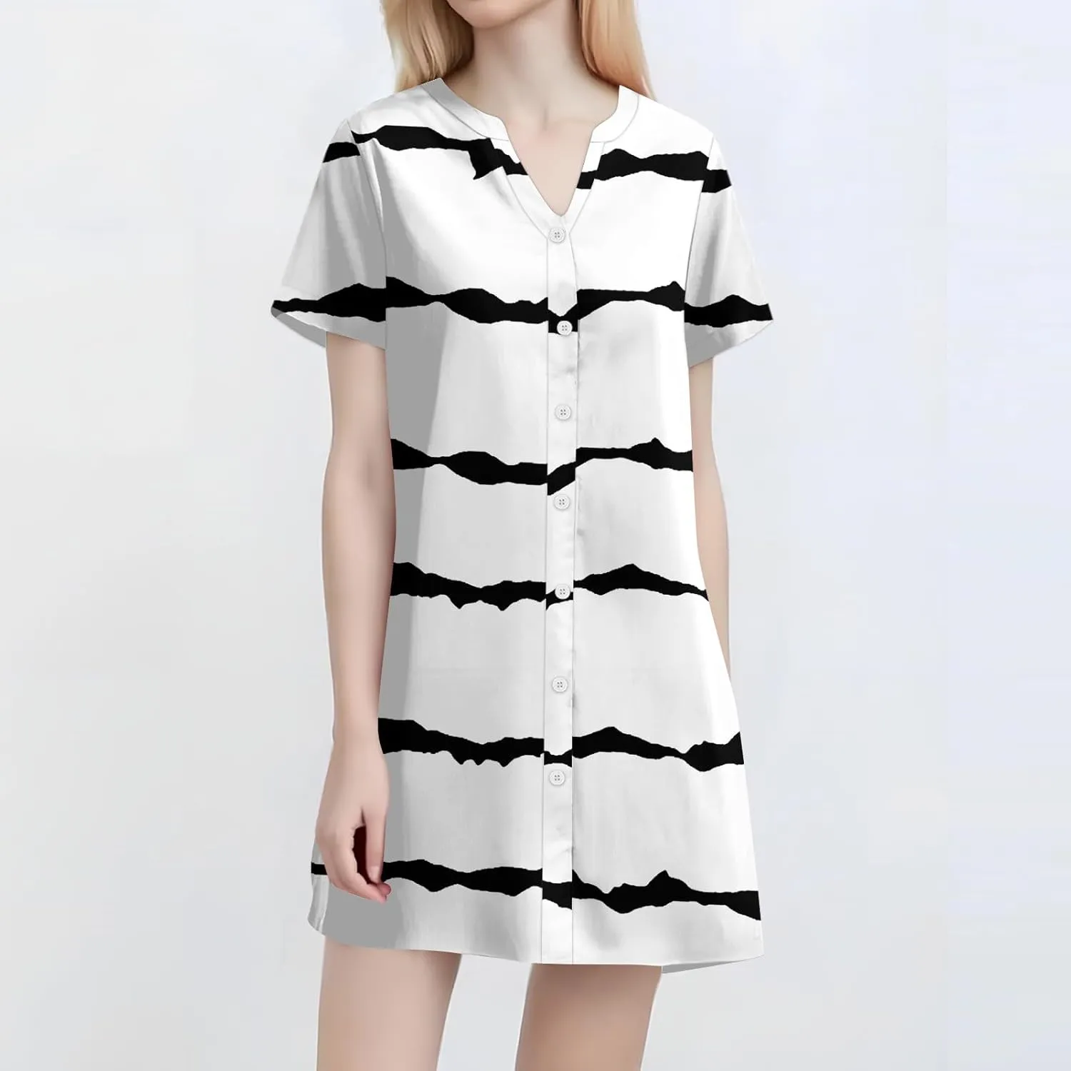 Summer Beach Sundress Women's Gradient Color Dress V Neck Short Sleeve Button Down Top Mini T Shirt Dresses