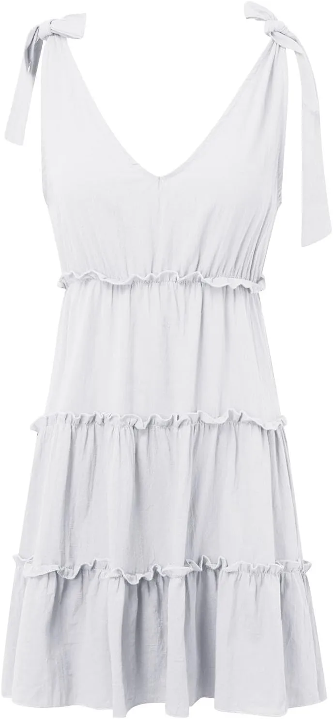 Summer Casual Dresses for Women 2025 V Neck Tank Dress Sleeveless Tie Shoulder Tiered Flowy Beach Mini Sundress