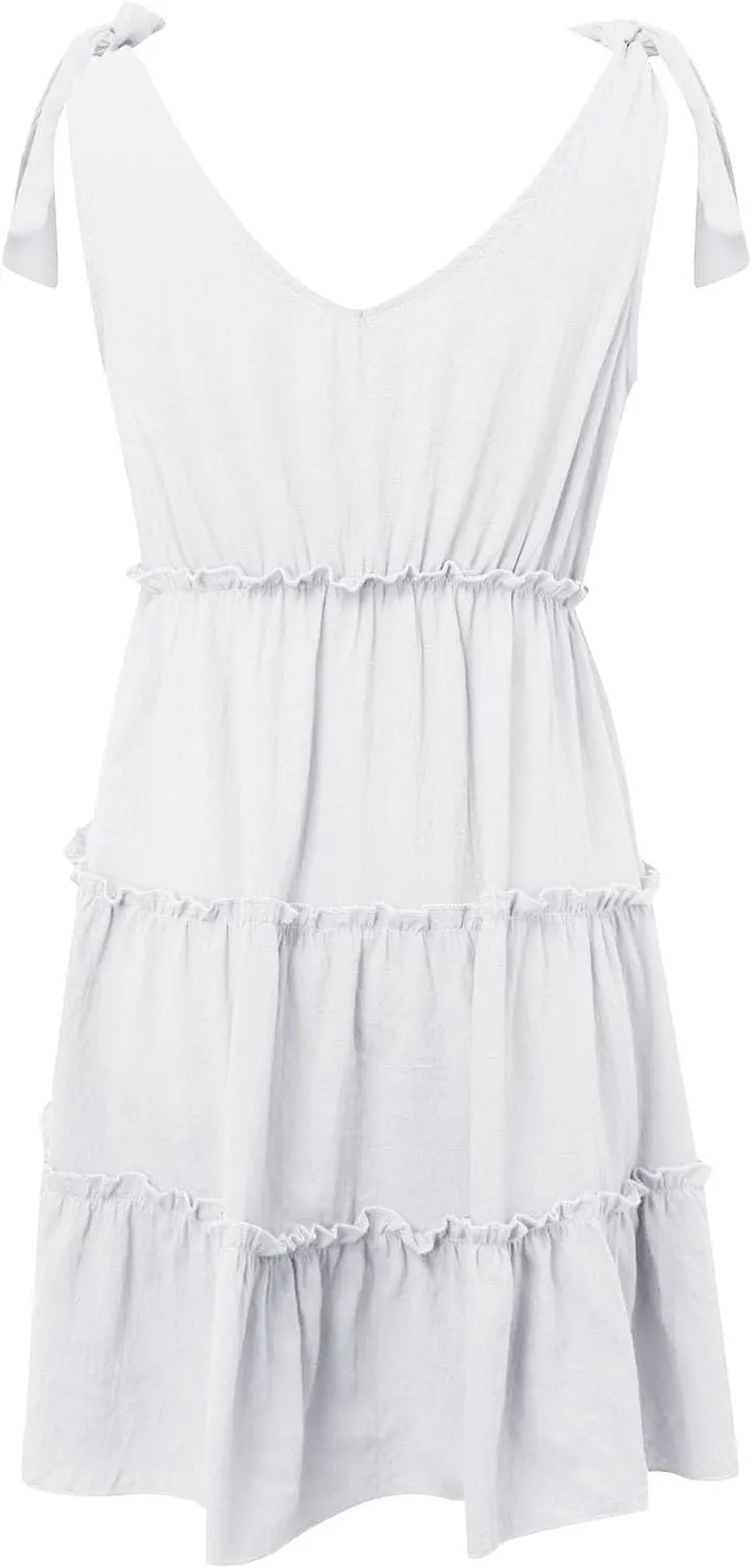 Summer Casual Dresses for Women 2025 V Neck Tank Dress Sleeveless Tie Shoulder Tiered Flowy Beach Mini Sundress