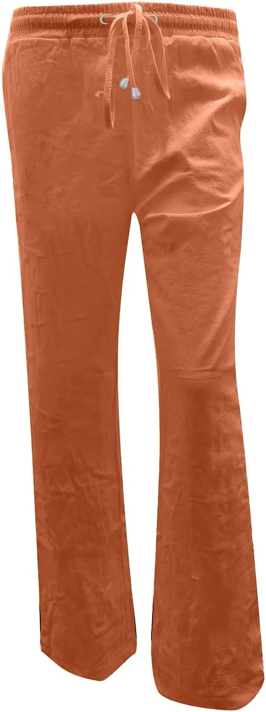 Summer Cotton Linen Pants with Pockets for Women Baggy Wide Leg Stretch Casual Trousers Straight Elastic Waist Lounge Pants