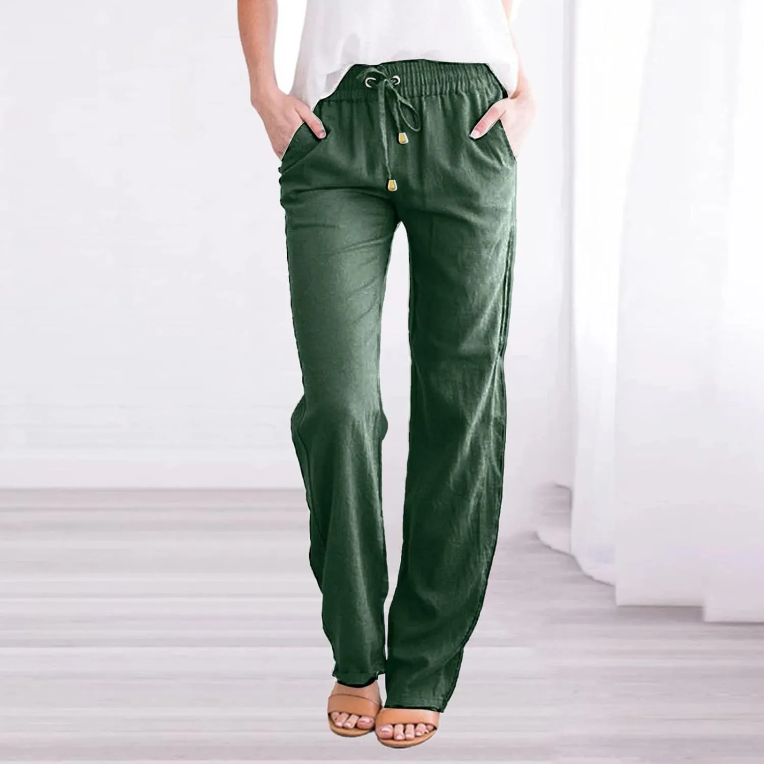 Summer Cotton Linen Pants with Pockets for Women Baggy Wide Leg Stretch Casual Trousers Straight Elastic Waist Lounge Pants