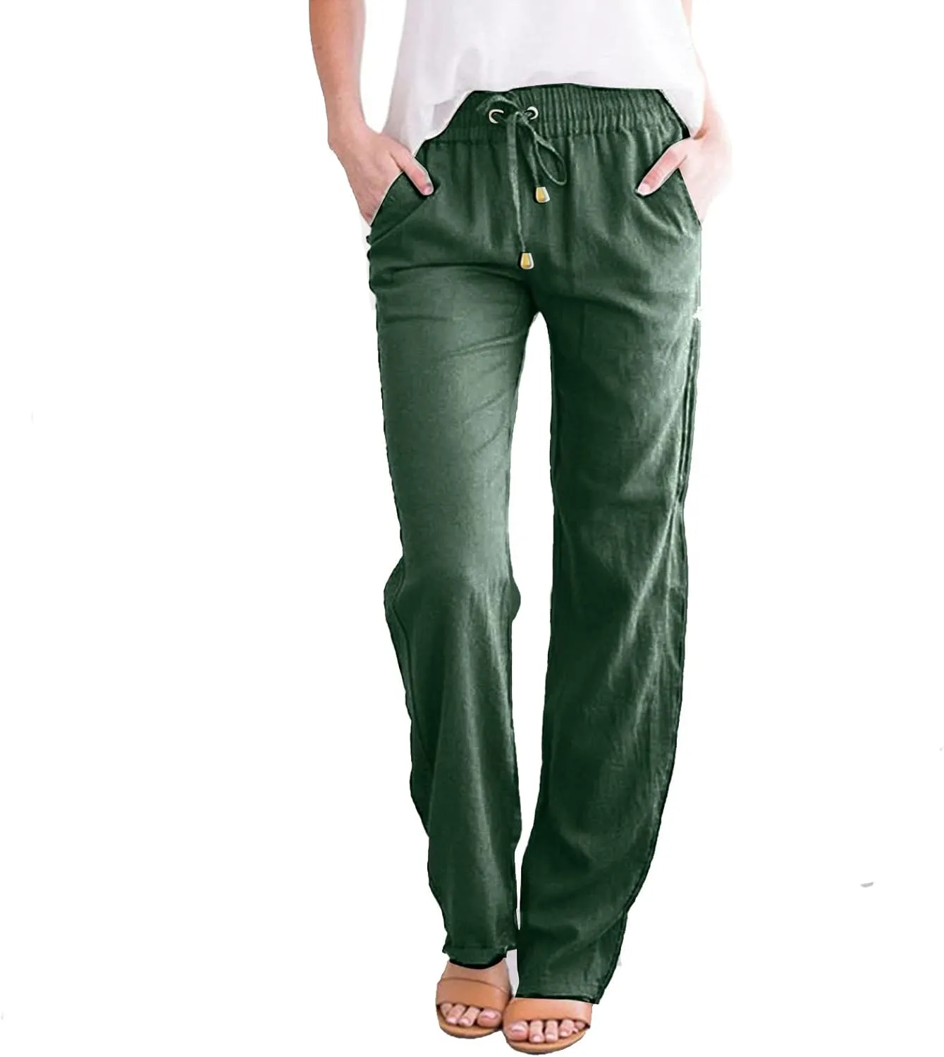 Summer Cotton Linen Pants with Pockets for Women Baggy Wide Leg Stretch Casual Trousers Straight Elastic Waist Lounge Pants