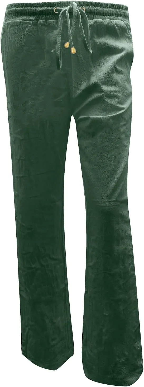 Summer Cotton Linen Pants with Pockets for Women Baggy Wide Leg Stretch Casual Trousers Straight Elastic Waist Lounge Pants