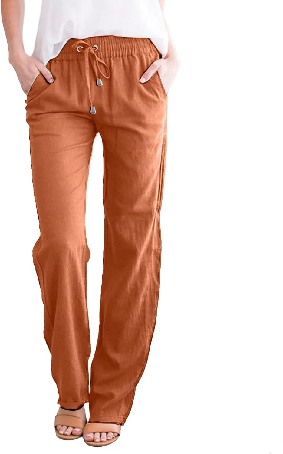 Summer Cotton Linen Pants with Pockets for Women Baggy Wide Leg Stretch Casual Trousers Straight Elastic Waist Lounge Pants