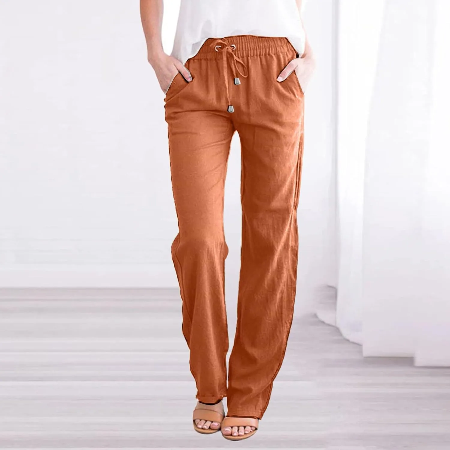 Summer Cotton Linen Pants with Pockets for Women Baggy Wide Leg Stretch Casual Trousers Straight Elastic Waist Lounge Pants