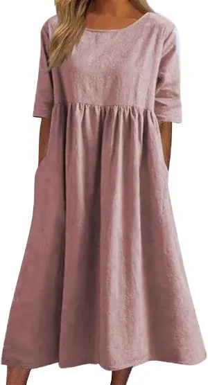 Summer Dresses for Women 2025, Boho Crewneck Solid-Color Midi Tshirt Dress Casual Short Sleeve Summer Beach Dresses