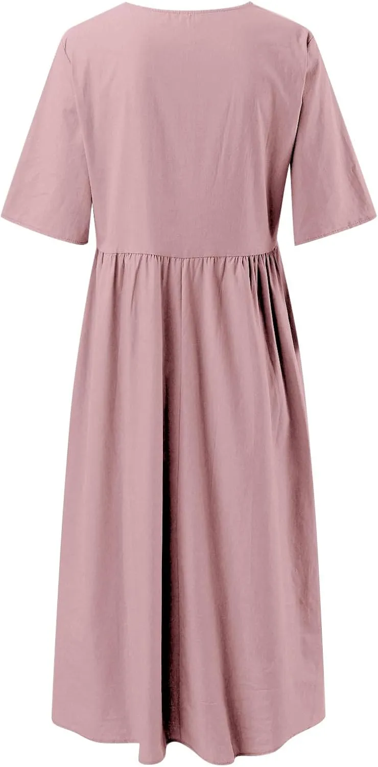 Summer Dresses for Women 2025, Boho Crewneck Solid-Color Midi Tshirt Dress Casual Short Sleeve Summer Beach Dresses
