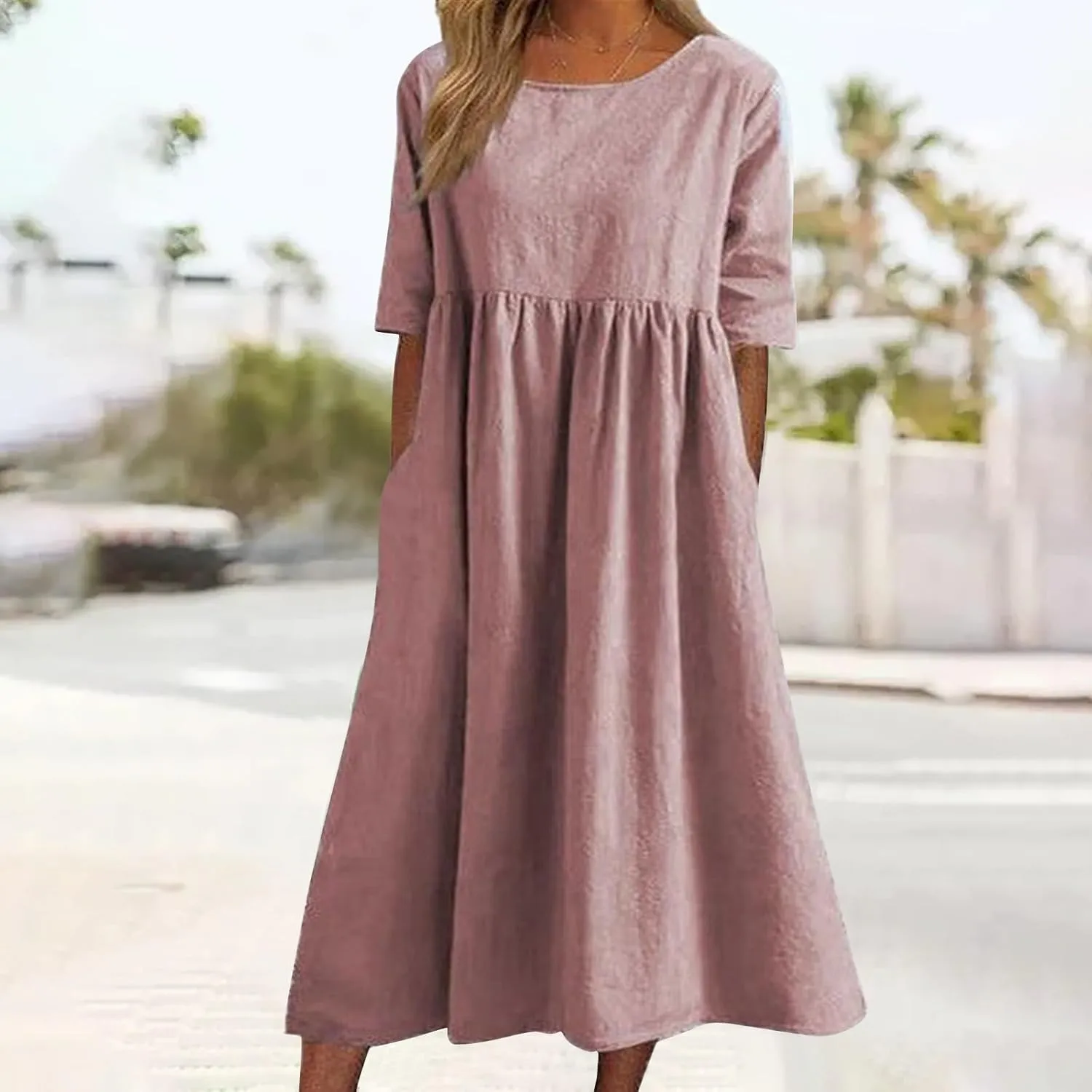 Summer Dresses for Women 2025, Boho Crewneck Solid-Color Midi Tshirt Dress Casual Short Sleeve Summer Beach Dresses