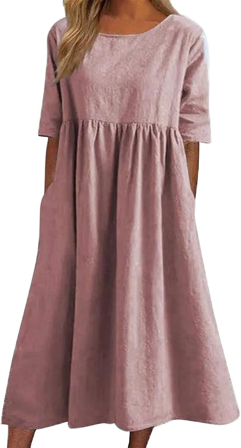 Summer Dresses for Women 2025, Boho Crewneck Solid-Color Midi Tshirt Dress Casual Short Sleeve Summer Beach Dresses