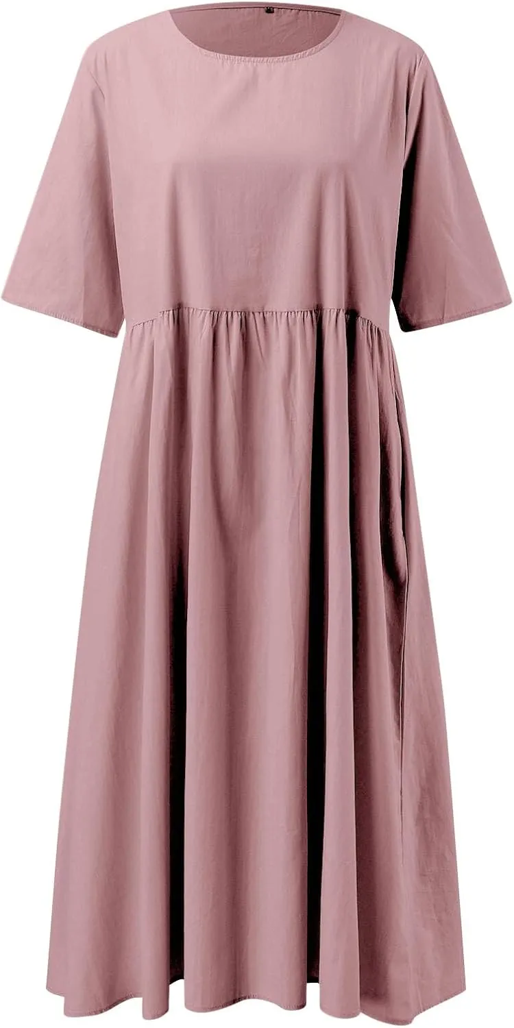 Summer Dresses for Women 2025, Boho Crewneck Solid-Color Midi Tshirt Dress Casual Short Sleeve Summer Beach Dresses