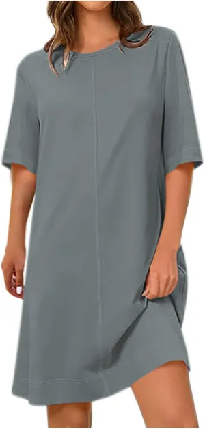 Summer Dresses for Women 2025 Casual Short Sleeve Solid Color Sundress Loose Fit Round Neck Vacation Beach Dress
