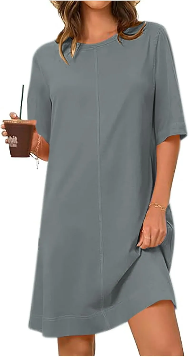 Summer Dresses for Women 2025 Casual Short Sleeve Solid Color Sundress Loose Fit Round Neck Vacation Beach Dress