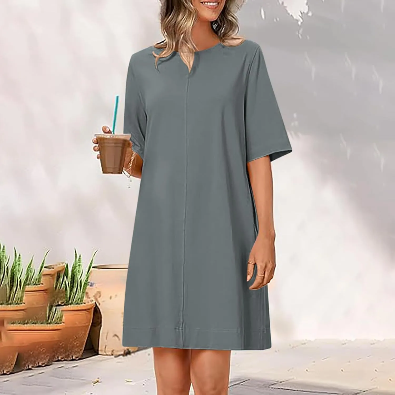 Summer Dresses for Women 2025 Casual Short Sleeve Solid Color Sundress Loose Fit Round Neck Vacation Beach Dress