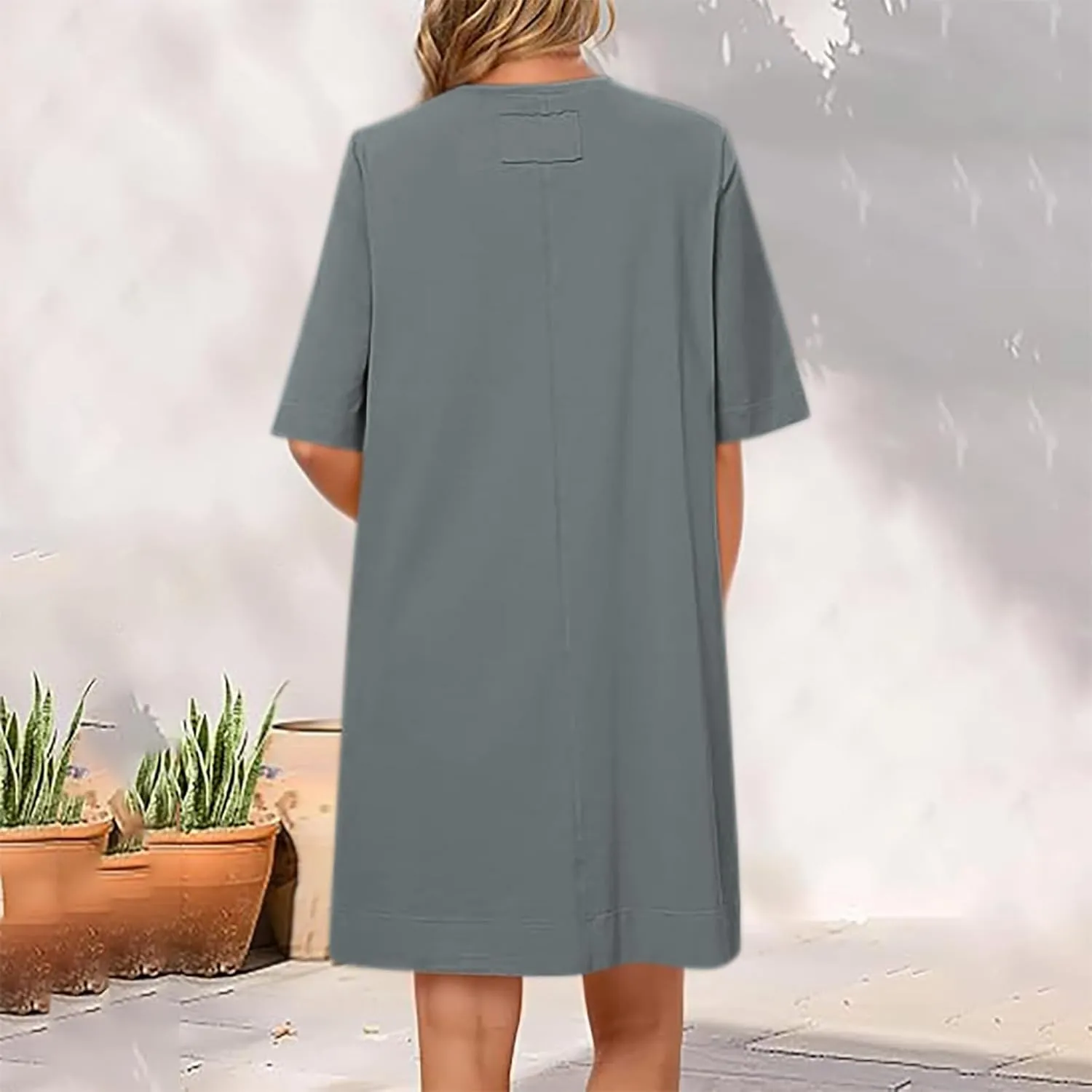 Summer Dresses for Women 2025 Casual Short Sleeve Solid Color Sundress Loose Fit Round Neck Vacation Beach Dress