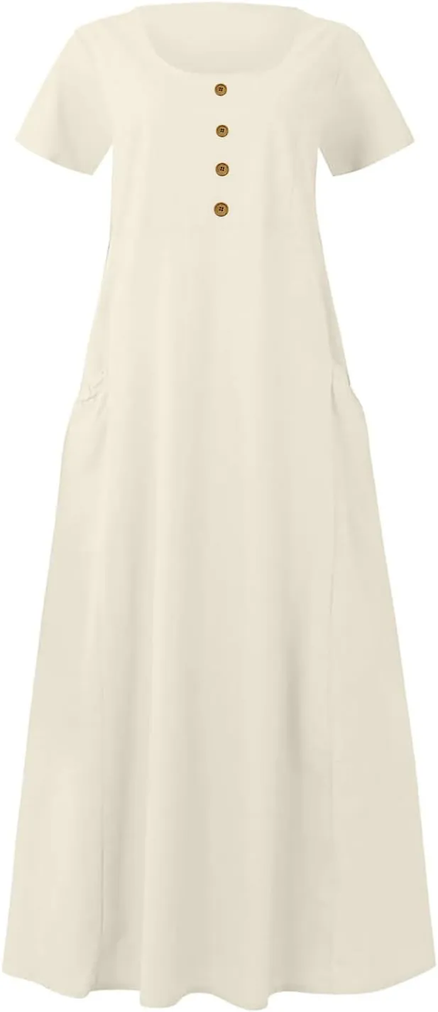 Summer Dresses for Women 2025 Short Sleeve Cotton Linen Maxi Dress Plus Size Crewneck Boho Dresses with Pockets