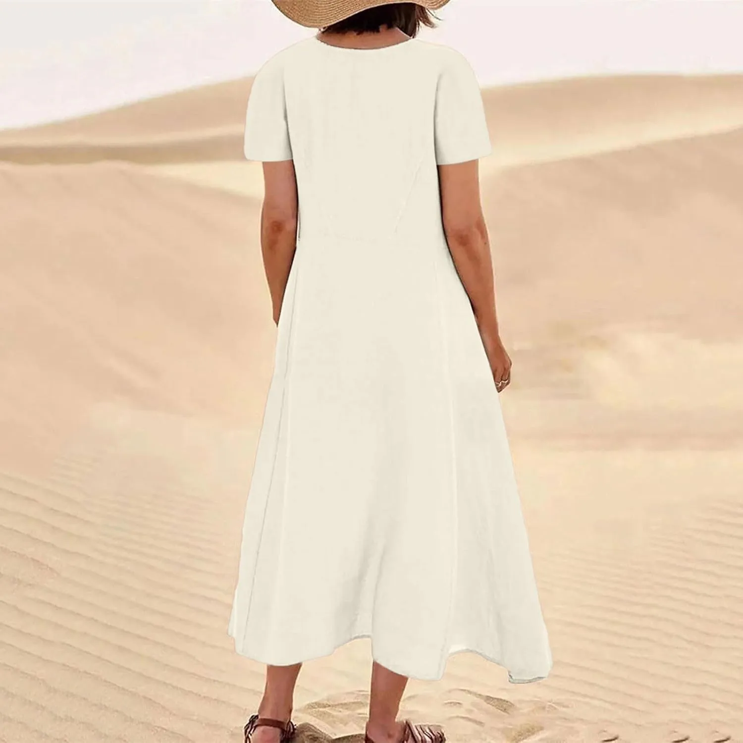 Summer Dresses for Women 2025 Short Sleeve Cotton Linen Maxi Dress Plus Size Crewneck Boho Dresses with Pockets
