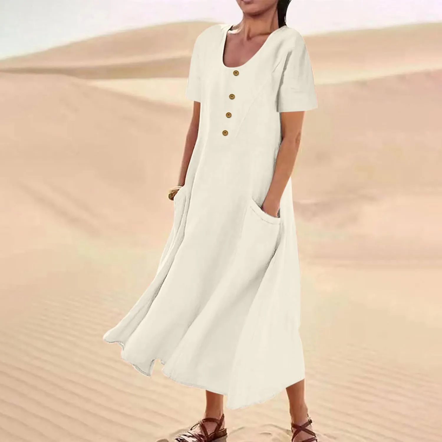 Summer Dresses for Women 2025 Short Sleeve Cotton Linen Maxi Dress Plus Size Crewneck Boho Dresses with Pockets