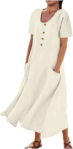 Summer Dresses for Women 2025 Short Sleeve Cotton Linen Maxi Dress Plus Size Crewneck Boho Dresses with Pockets