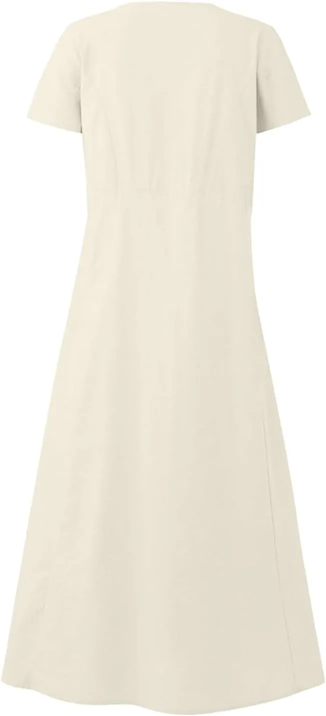 Summer Dresses for Women 2025 Short Sleeve Cotton Linen Maxi Dress Plus Size Crewneck Boho Dresses with Pockets