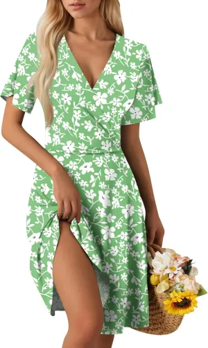Summer Dresses for Women 2025 Short Sleeve V Neck Casual Flowy Boho Sundresses Floral A-Line Midi Hawaiian Dress