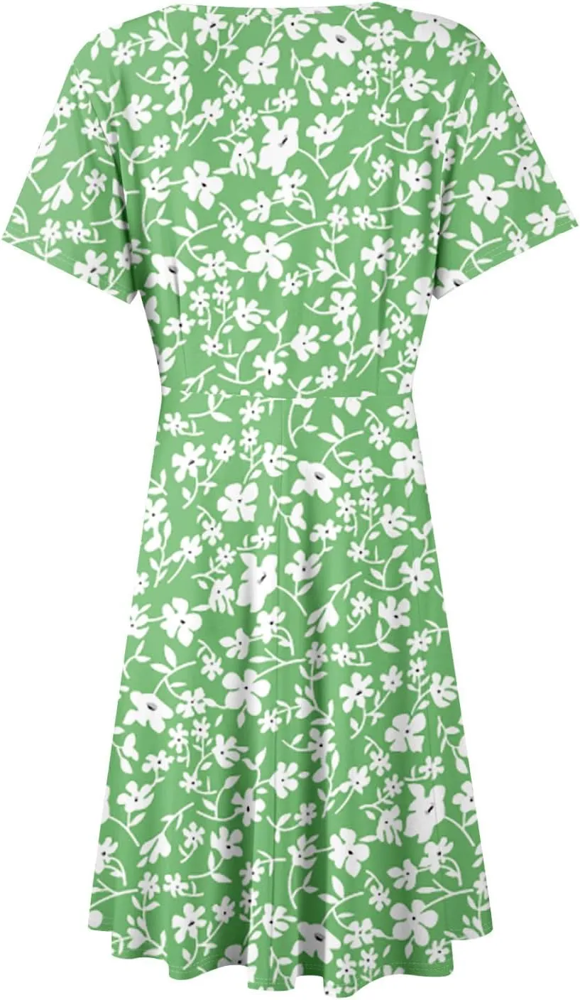 Summer Dresses for Women 2025 Short Sleeve V Neck Casual Flowy Boho Sundresses Floral A-Line Midi Hawaiian Dress