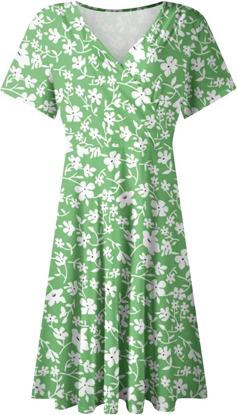 Summer Dresses for Women 2025 Short Sleeve V Neck Casual Flowy Boho Sundresses Floral A-Line Midi Hawaiian Dress