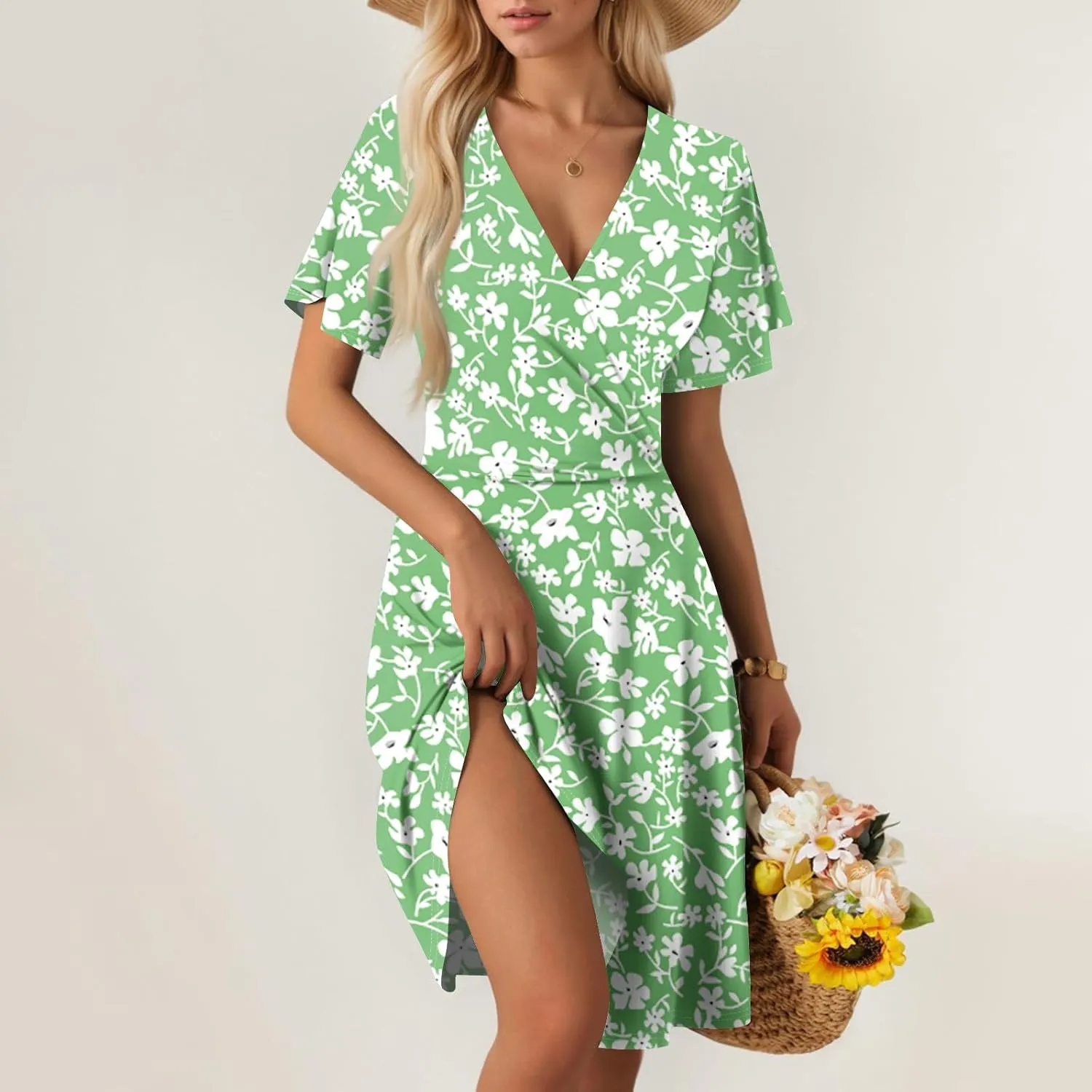 Summer Dresses for Women 2025 Short Sleeve V Neck Casual Flowy Boho Sundresses Floral A-Line Midi Hawaiian Dress