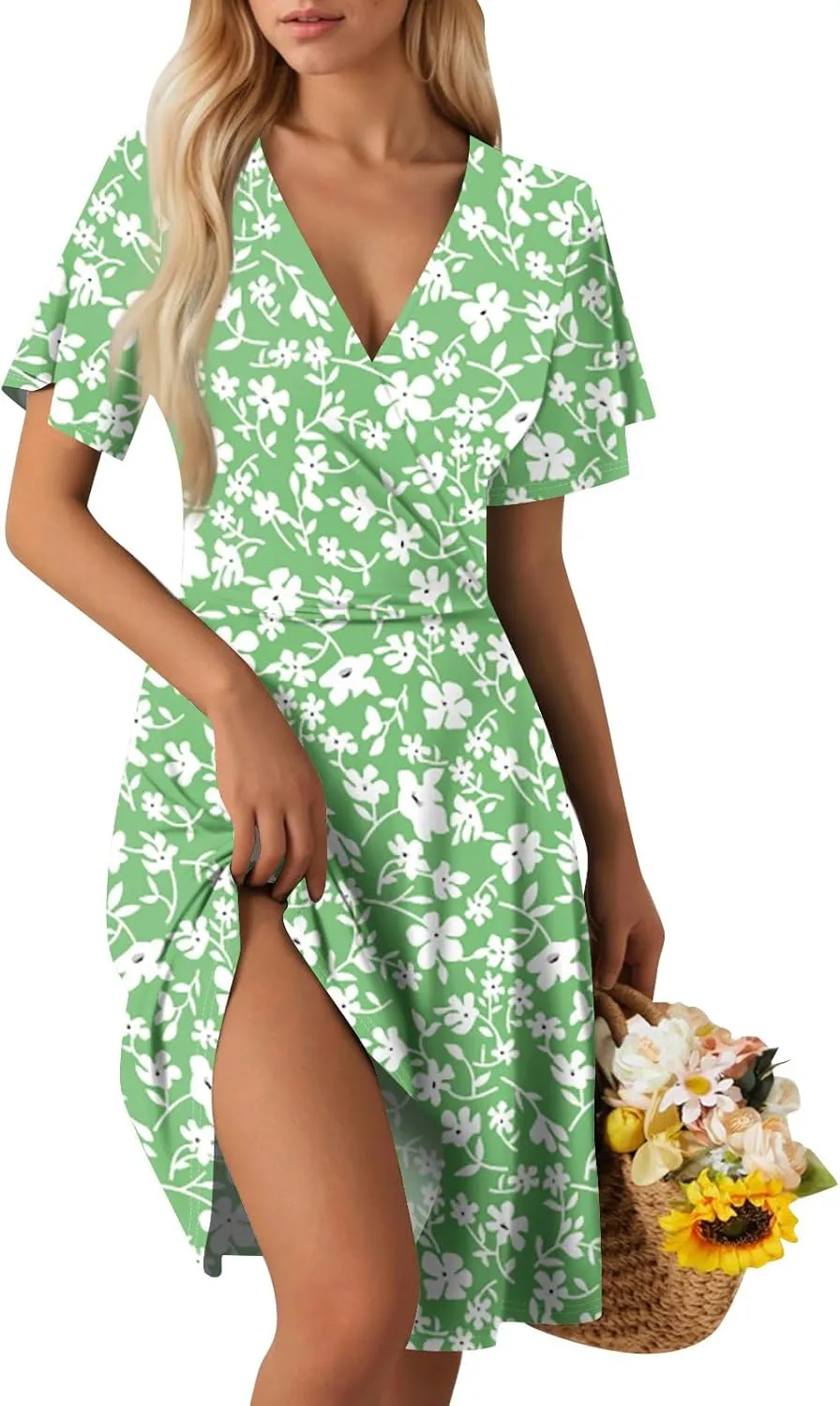 Summer Dresses for Women 2025 Short Sleeve V Neck Casual Flowy Boho Sundresses Floral A-Line Midi Hawaiian Dress