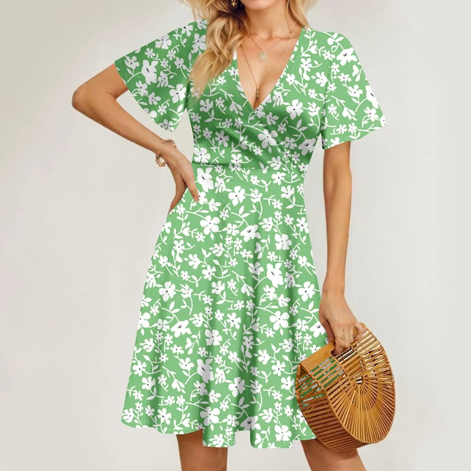 Summer Dresses for Women 2025 Short Sleeve V Neck Casual Flowy Boho Sundresses Floral A-Line Midi Hawaiian Dress