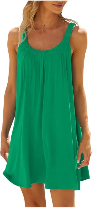 Summer Dresses for Women 2025 Trendy Casual Sleeveless Solid Color Sundress Loose Fit Pleated Beach Mini Tank Dress