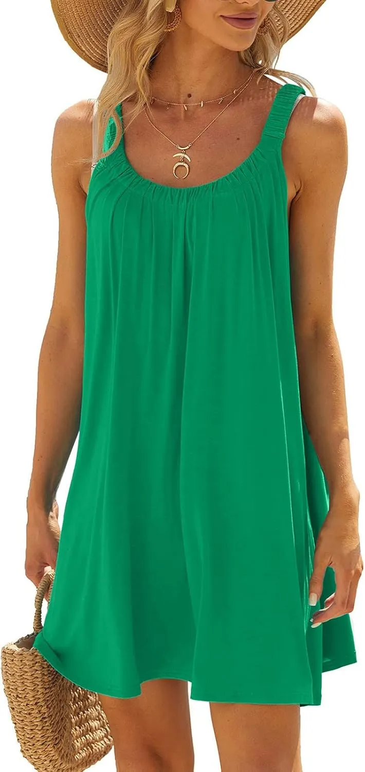Summer Dresses for Women 2025 Trendy Casual Sleeveless Solid Color Sundress Loose Fit Pleated Beach Mini Tank Dress
