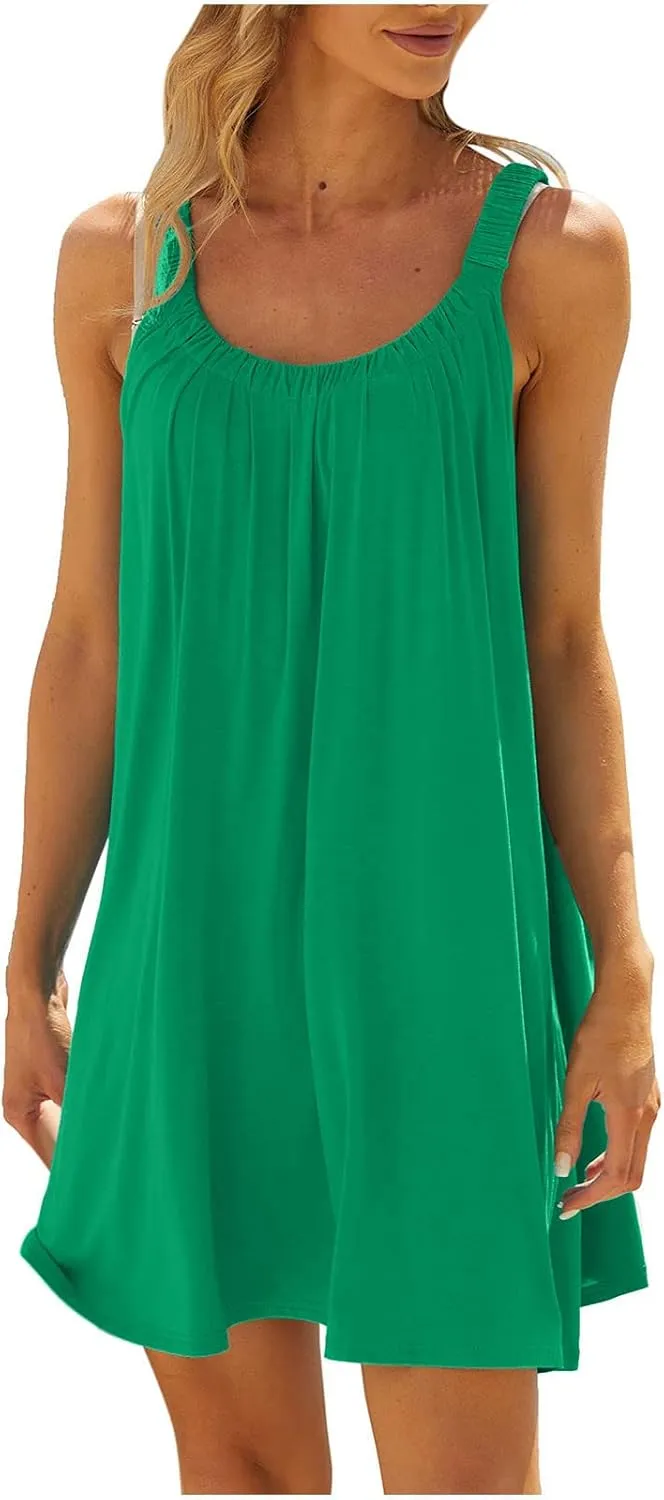 Summer Dresses for Women 2025 Trendy Casual Sleeveless Solid Color Sundress Loose Fit Pleated Beach Mini Tank Dress