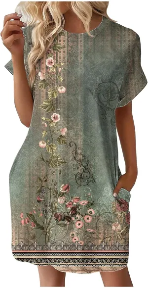 Summer Dresses for Women 2025,Womens Solid Crewneck Short Sleeve T-Shirt Dress Loose Beach Vacation Mini Dress