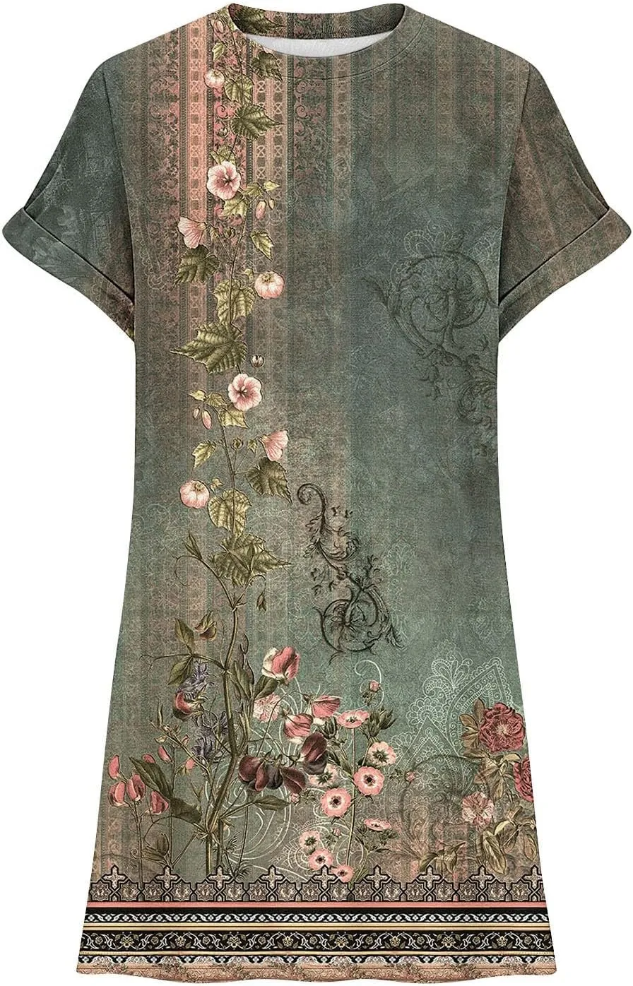 Summer Dresses for Women 2025,Womens Solid Crewneck Short Sleeve T-Shirt Dress Loose Beach Vacation Mini Dress