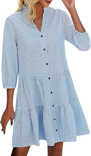 Summer Dresses for Women Casual 3/4 Sleeve Fashion Solid Plaid Shirt Dress Loose V-Neck Button Pleated Sundress