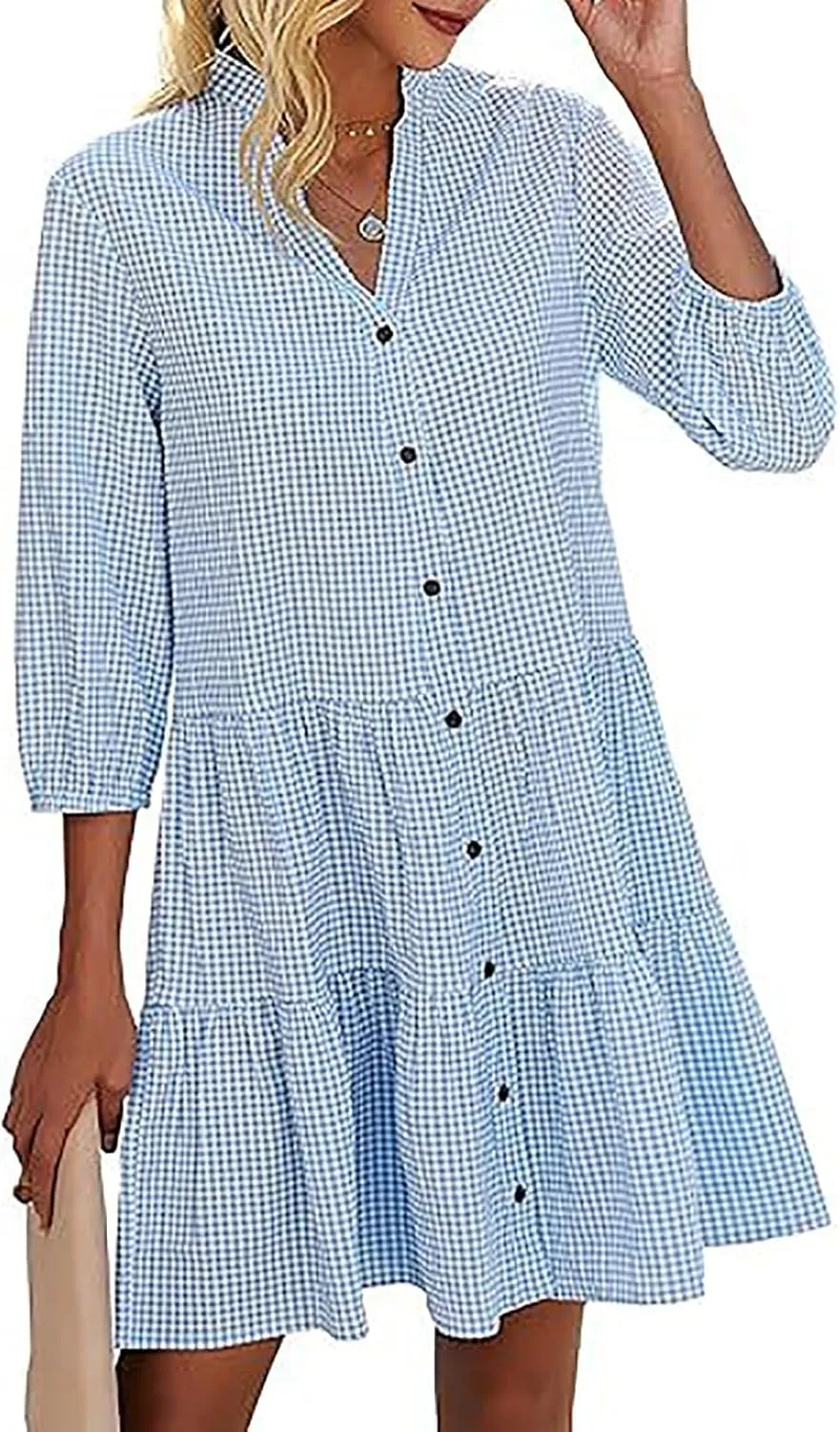 Summer Dresses for Women Casual 3/4 Sleeve Fashion Solid Plaid Shirt Dress Loose V-Neck Button Pleated Sundress