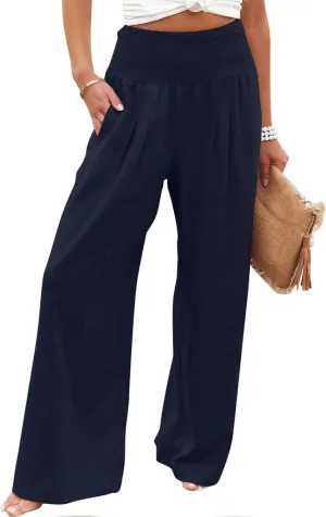 Summer Linen Pants Women Palazzo Pants Drawstring Elastic Waist Wide Leg Pants High Waist Lounge Pants Casual Trouser