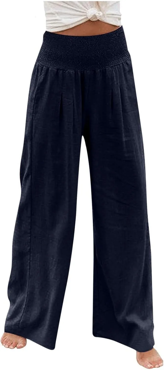 Summer Linen Pants Women Palazzo Pants Drawstring Elastic Waist Wide Leg Pants High Waist Lounge Pants Casual Trouser