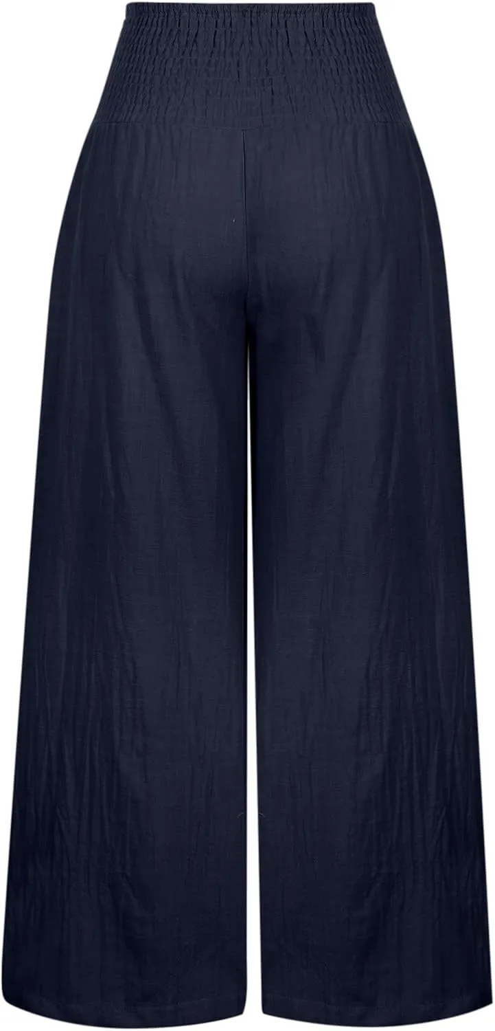 Summer Linen Pants Women Palazzo Pants Drawstring Elastic Waist Wide Leg Pants High Waist Lounge Pants Casual Trouser