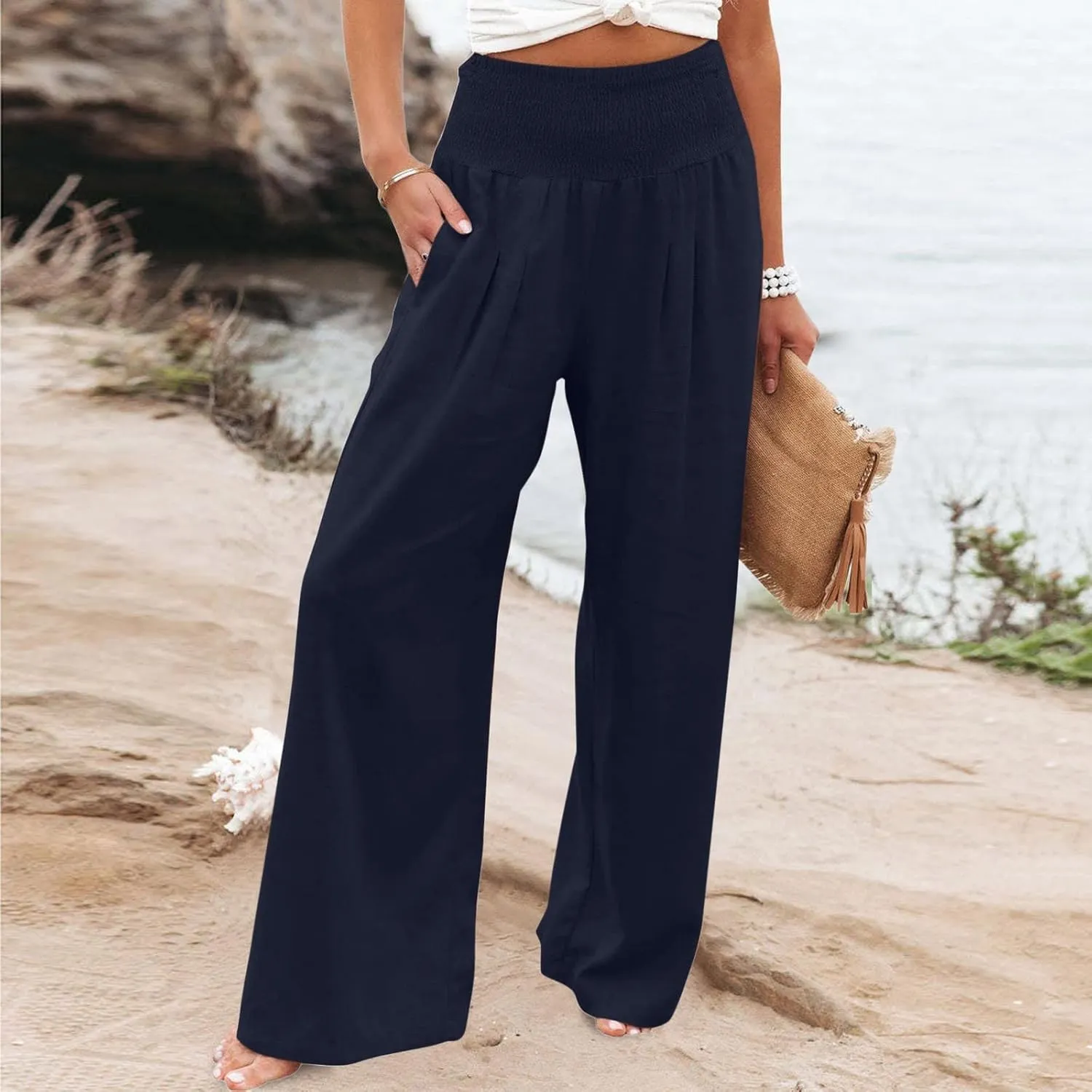 Summer Linen Pants Women Palazzo Pants Drawstring Elastic Waist Wide Leg Pants High Waist Lounge Pants Casual Trouser