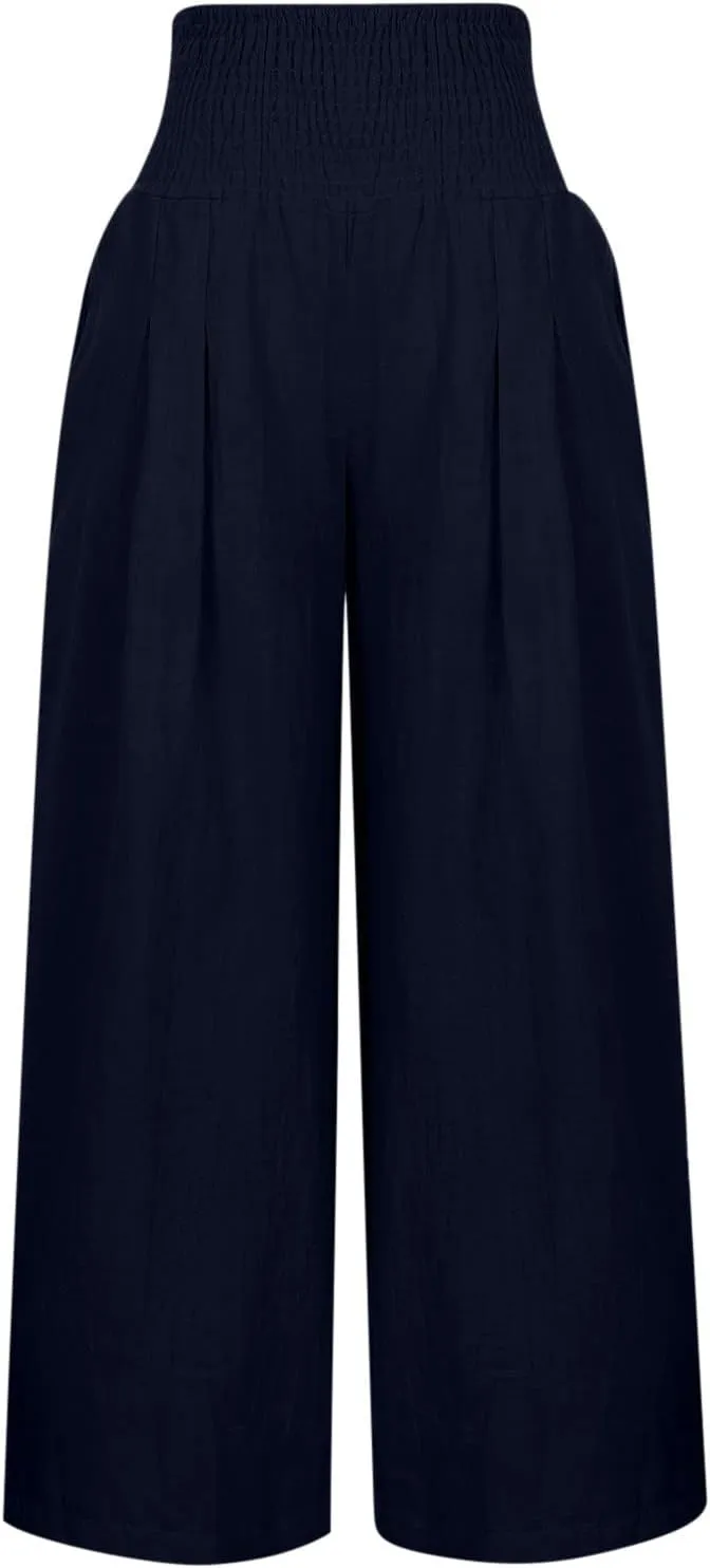 Summer Linen Pants Women Palazzo Pants Drawstring Elastic Waist Wide Leg Pants High Waist Lounge Pants Casual Trouser