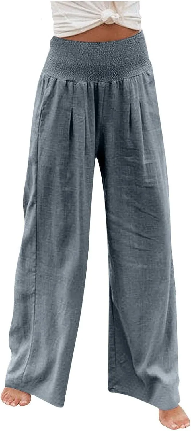 Summer Linen Pants Women Palazzo Pants Drawstring Elastic Waist Wide Leg Pants High Waist Lounge Pants Casual Trouser