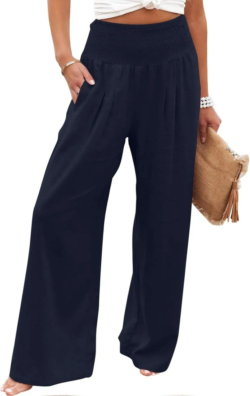 Summer Linen Pants Women Palazzo Pants Drawstring Elastic Waist Wide Leg Pants High Waist Lounge Pants Casual Trouser