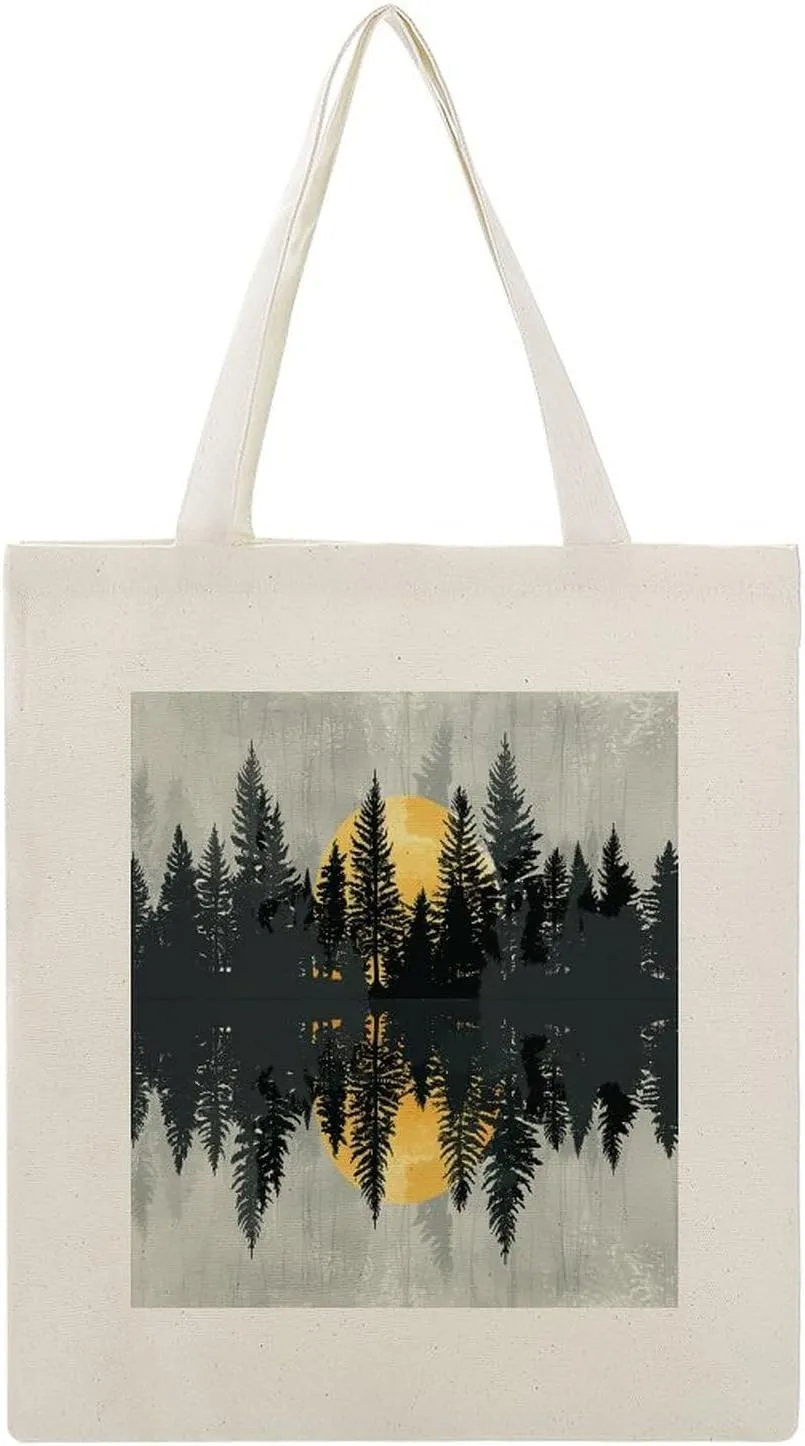 Sunrise In The Forest Canvas Tote Bags Aesthetic Travel Beach Bag Summer Reusable Grocery Shopping Bag Style 34x40cm