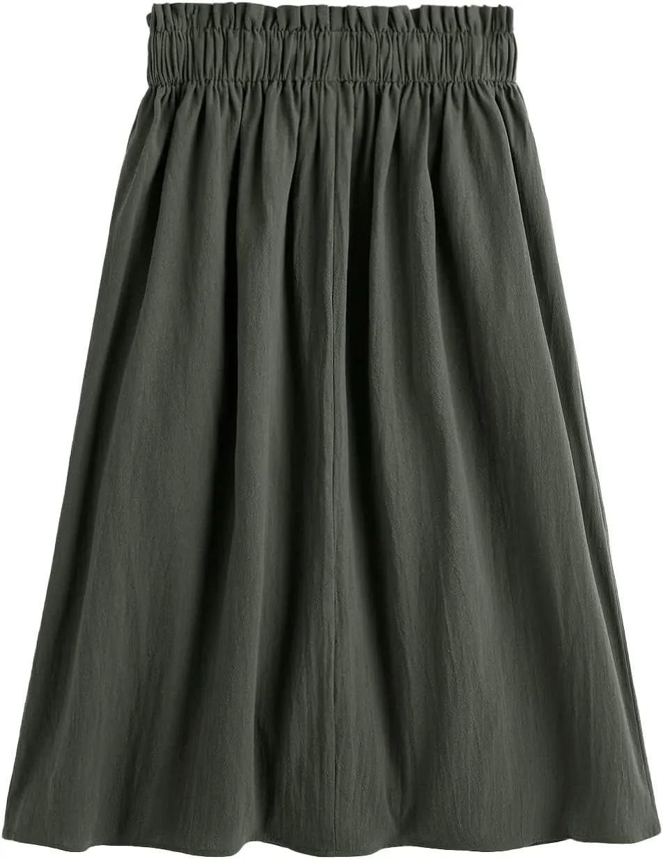 SweatyRocks Women's Casual Paper Bag Waist A Line Pleated Midi Skirt with Pockets