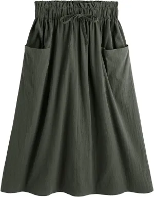 SweatyRocks Women's Casual Paper Bag Waist A Line Pleated Midi Skirt with Pockets