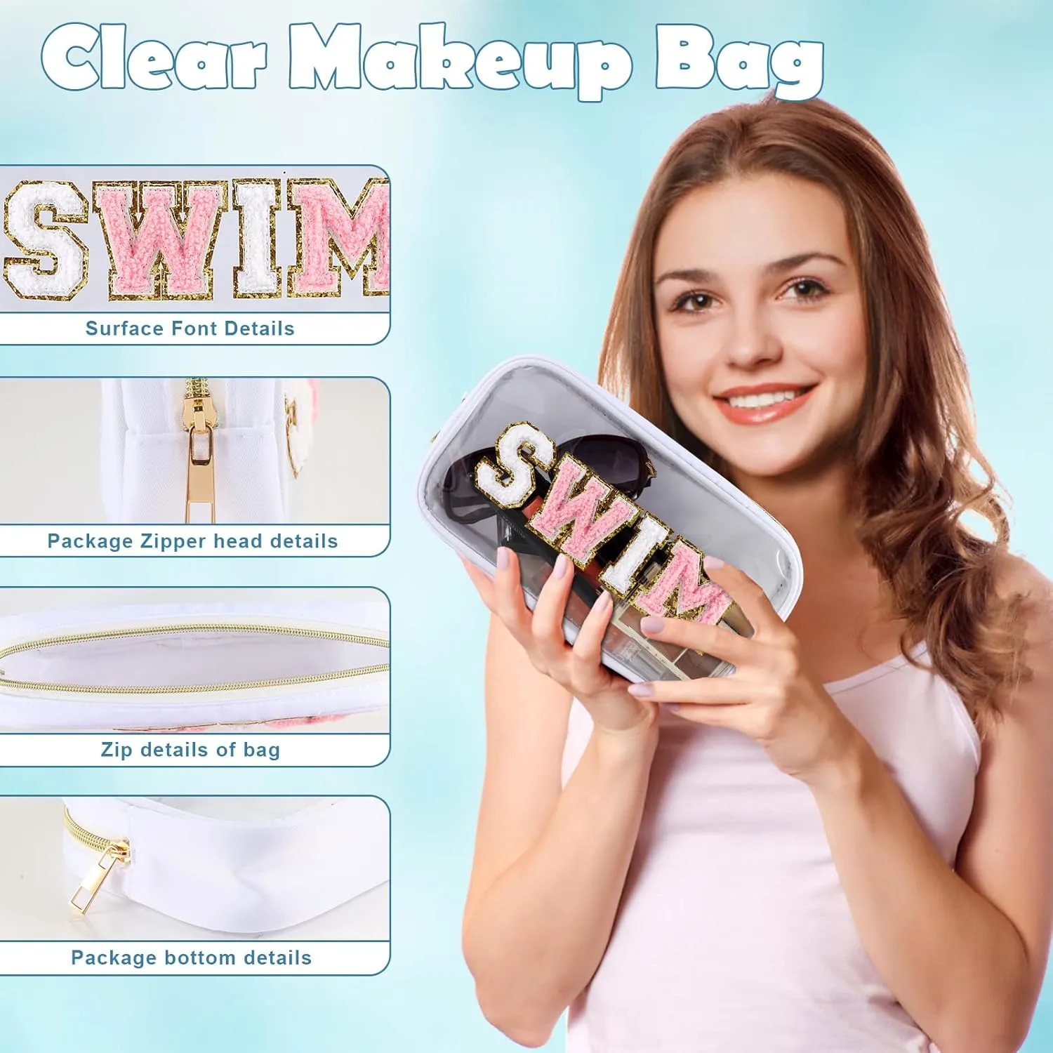 Swim Pouch Bag Clear Makeup Bags with Zipper Preppy Chenille Letter Patch Cosmetic Bag Beach Pool Zipper Pouch Summer Organizer Toiletry Bag for Women Girl Gifts